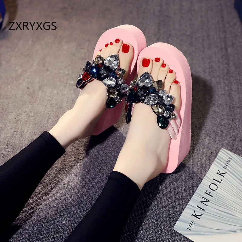 ZXRYXGS Mixed Colors Classic Rhinestone Flip Flops Women Sandals 2024 New Summer Platform Wedges Slippers Shoes Large Szie 42