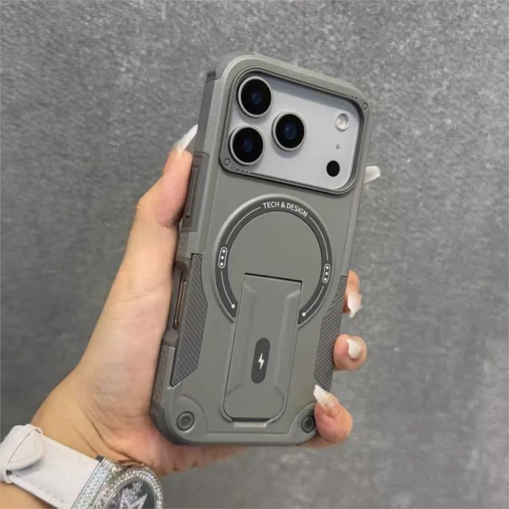 Capa Magnética Antichoque com Suporte para iPhone 17 Pro, 14, 16, 15, 13, 11, 12 Pro Max e Air, Compatível com Carregamento Sem Fio MagSafe