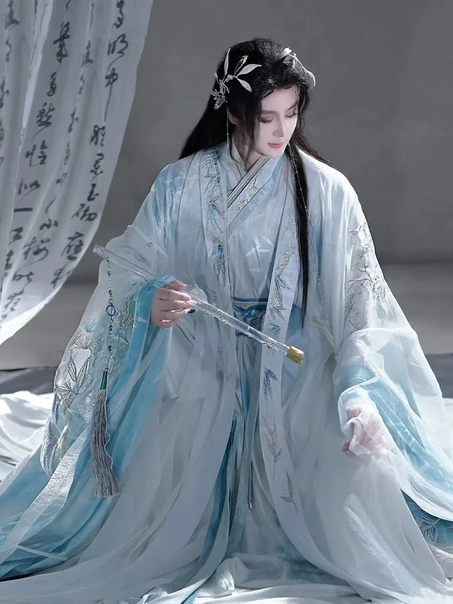 Vintage Stickerei Hanfu-Anzüge Karneval Cosplay Kostüm Blaues Hanfu 6-teiliges Set Übergröße 3XL Hochwertige Chinesische Hanfu für Männer & Frauen