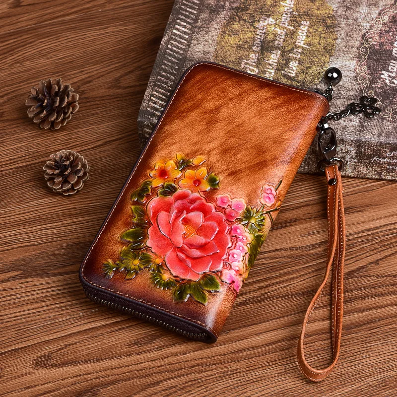 LOMCEL TY 12 New retro Chinese-style wallet, top-grade cowhide small handbag with multiple compartments, long-style zipper