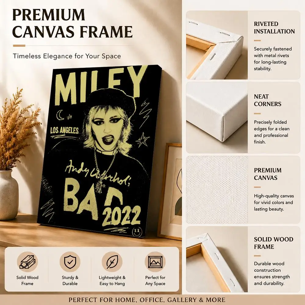 Pop Rock Singer M-Miley Cyrus Framed Wall Painting Canvas Art Poster with Solid Wood Frame for Living Room Home Decor