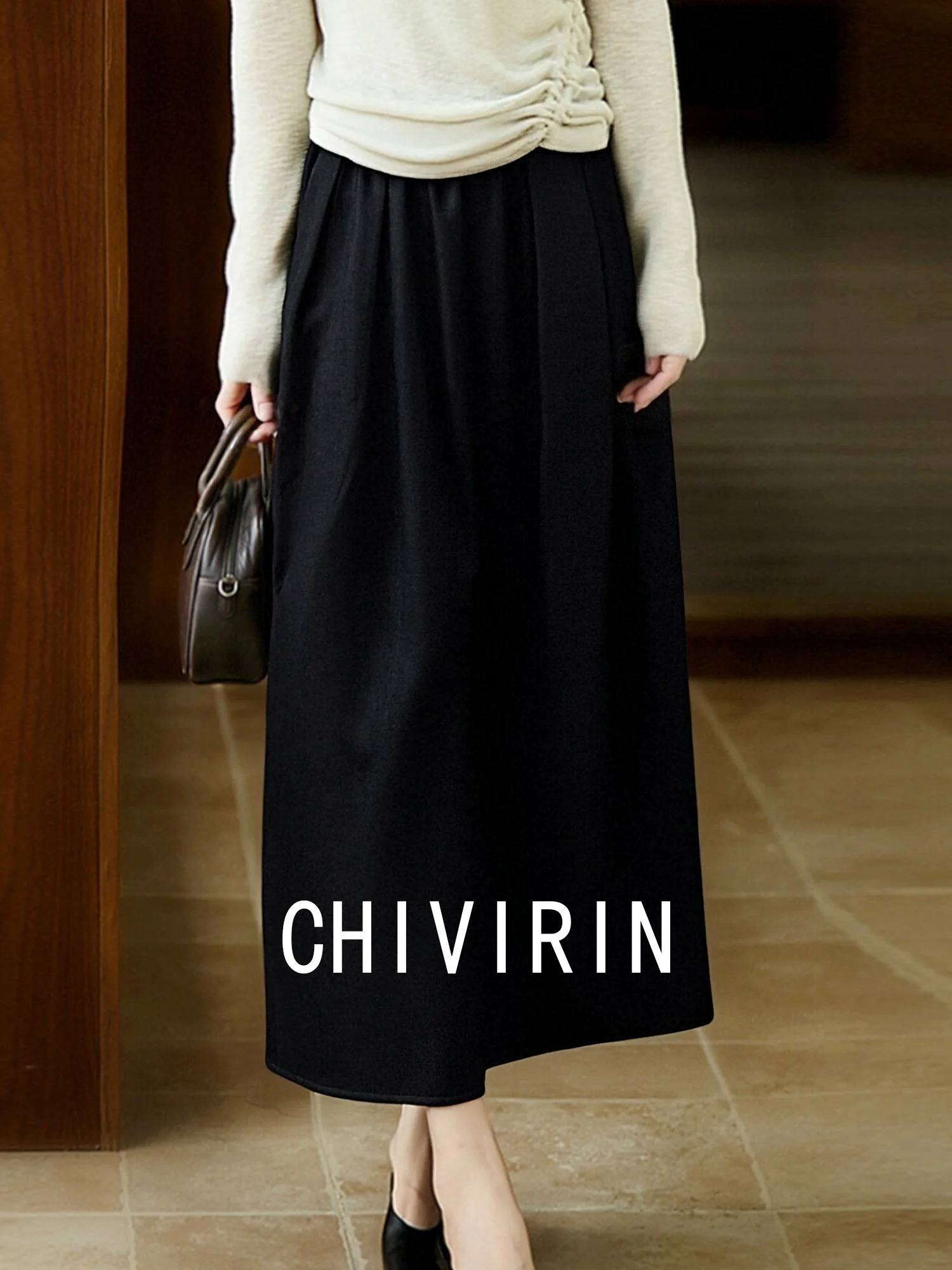 

Шерстяная юбка Chivirin с высокой талией, женская, осенне-зимняя, новая, повседневная, А-силуэт, миди, стройнящая, универсальная, струящаяся юбка
