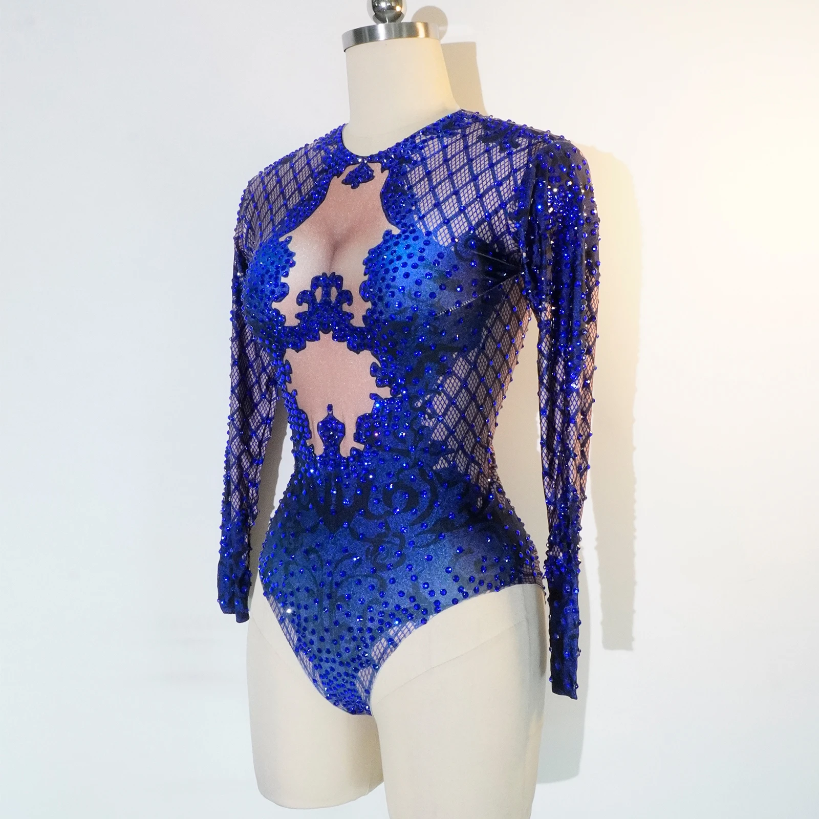 Gogo-Body Sexy con estampado azul para mujer, traje de bailarina con diamantes de imitación, mono de cristal de manga larga para mujer, leotardo de escenario para discoteca, Drag Queen