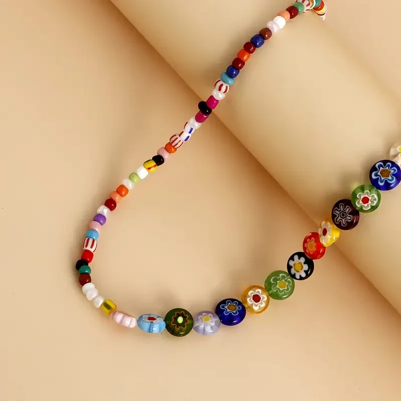 Multicolor Flower Glaze Beads Necklace Bohemia Rainbow Glass Beads Choker Jewelry For Party Birthday Gifts