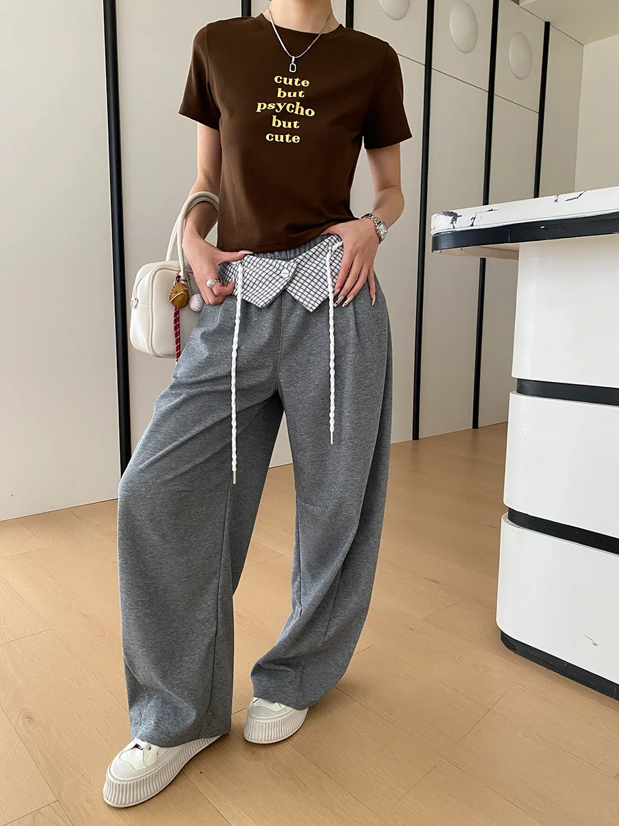Frühlings- und Sommerhosen für Damen, lässig, einfarbig, abnehmbarer karierter Bund, elastische hohe Taille, schlank machende, weit geschnittene Hose mit geschwungenem Saum. – Detail 10