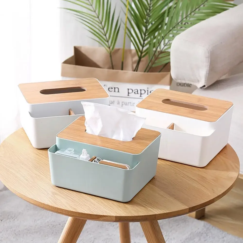 Multifunction Plastic Tissue Box Cover Wooden Lid Napkin Holder Wet Wipes Handkerchief Paper Towel Home Kitchen Decorative