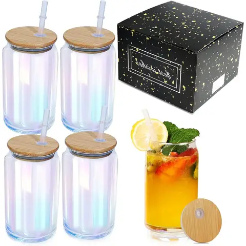 Rainbow Drinking Glasses with Bamboo Lids and Glass Straw,(set of 2 /set of 4)-16Oz,Wine,Cocktail,Whiskey,Party,Beer,Coffee,Gift