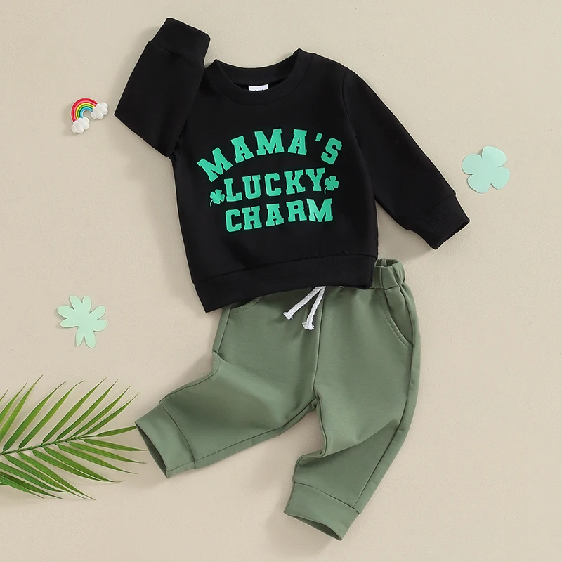 Stylish Toddler Boys St Patrick s Day Clothing Set with Shamrock Print Sweatshirt and Pants for Ireland Festival Celebrations