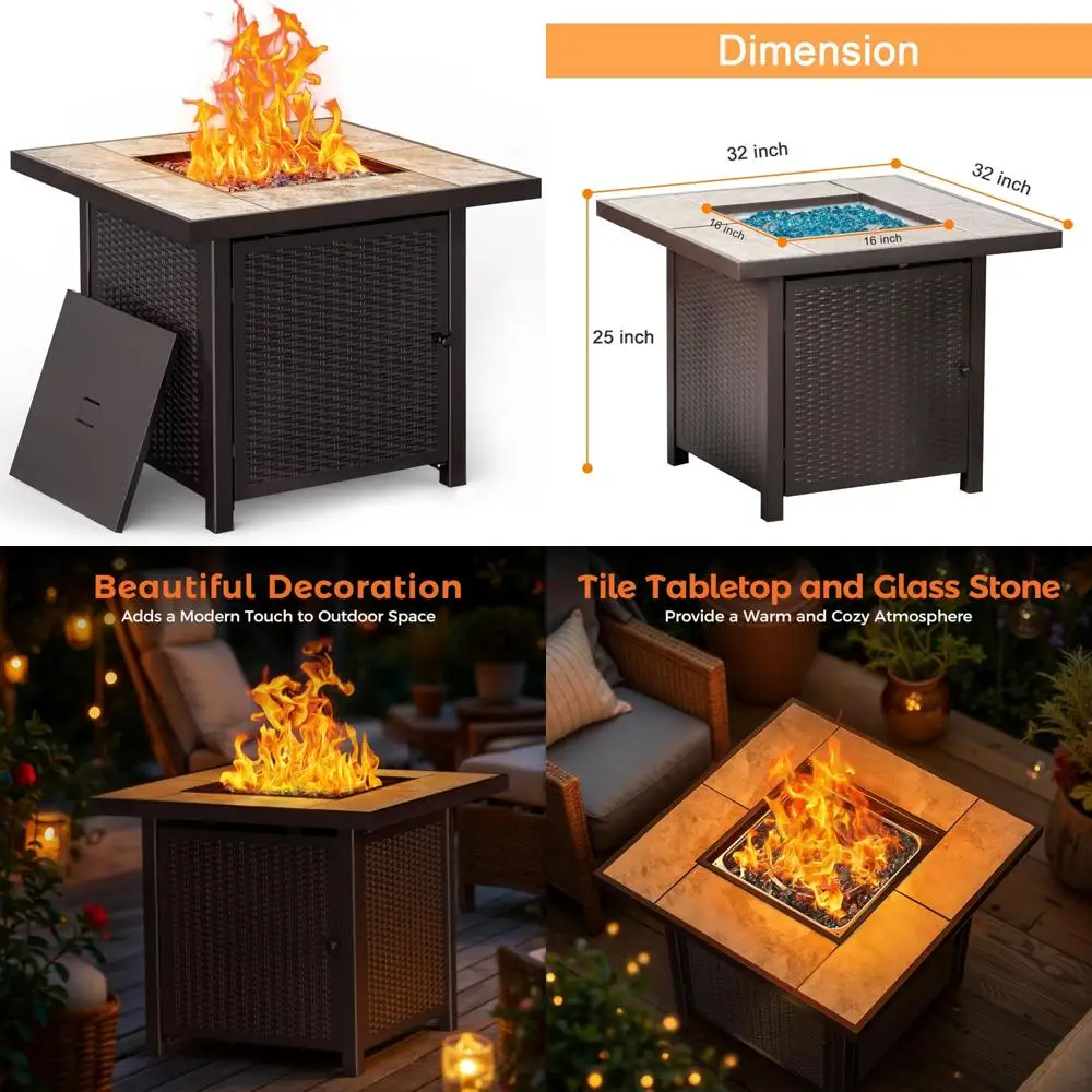 طاولة حفرة نار غاز البروبان الخارجية المربعة مقاس 32 بوصة بقدرة 50,000 وحدة حرارية بريطانية للفناء، بني، مثالية لتجمعات الفناء الخلفي #1