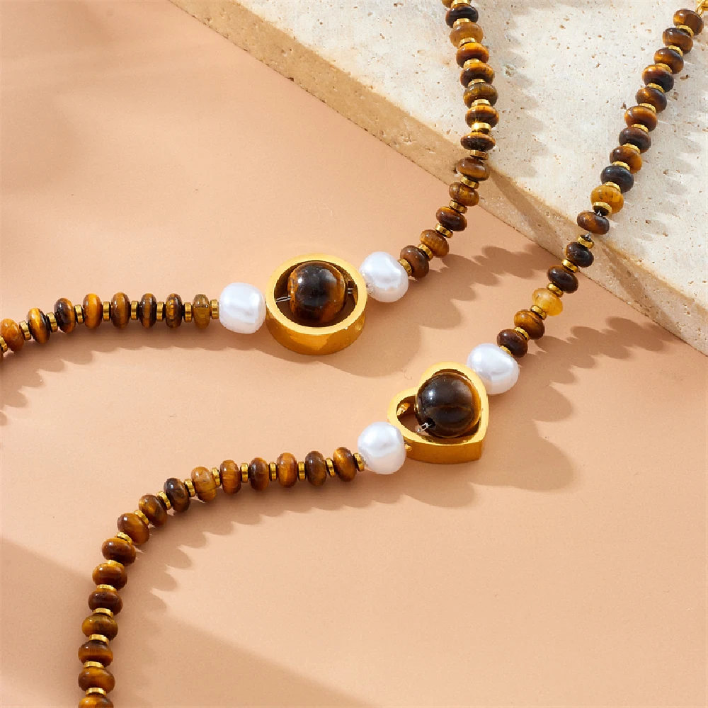 DIEYURO 316L Stainless Steell Maillard Wind Heart Tiger Stone Pearl Beaded Bracelet For Women New Trend Hand Chain Jewelry Gift