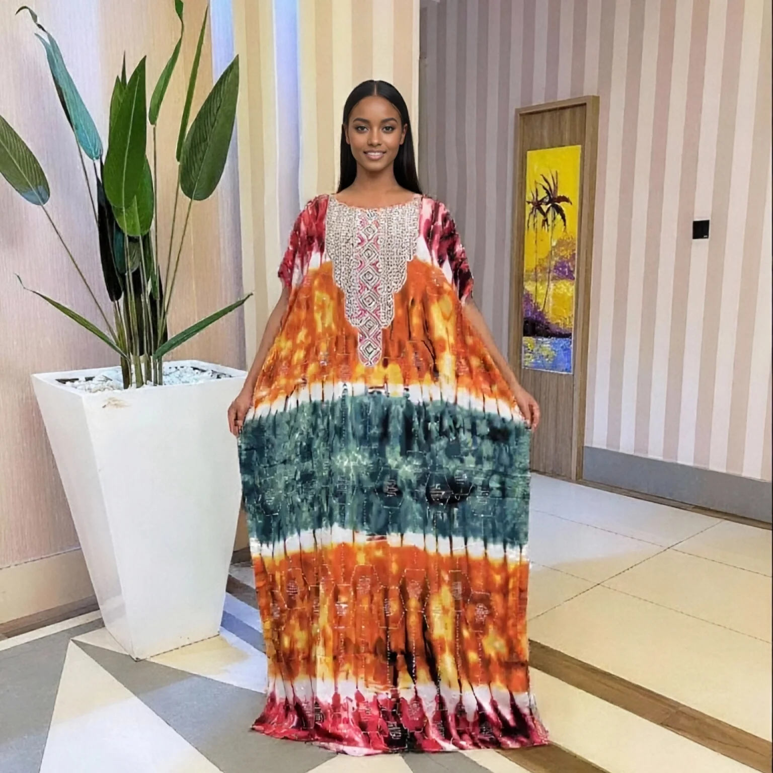 2025 Новый модный и элегантный большой шарф Hot Style Hot Diamond Европейский и американский свободный повседневный дышащий Ближневосточный Bubu Африканский принт женское летнее хлопковое платье