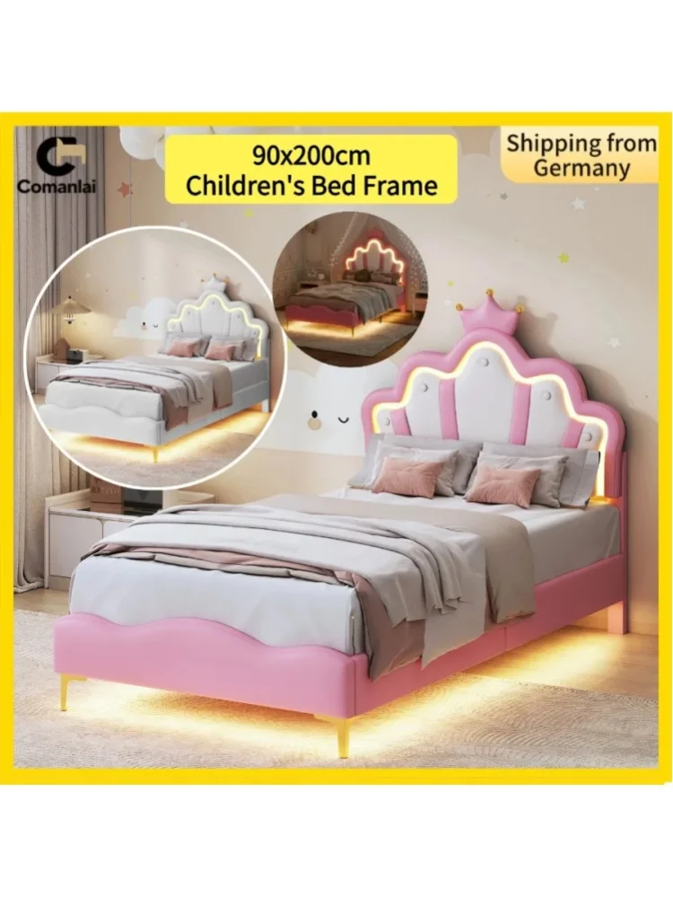 Comanlai Kinderbett 90 x 200 cm mit kronenförmigem Kopfteil und LED-Licht, gepolstertes Bett, Einzelbett, PU-Leder