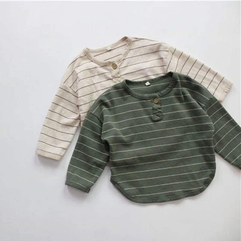 1-7Yrs Kids T-shirt Waffle Long Sleeve Stripe T-shirt Baby Girls Boys T-shirt Spring Autumn Baby Girls Boys Pullover Tops