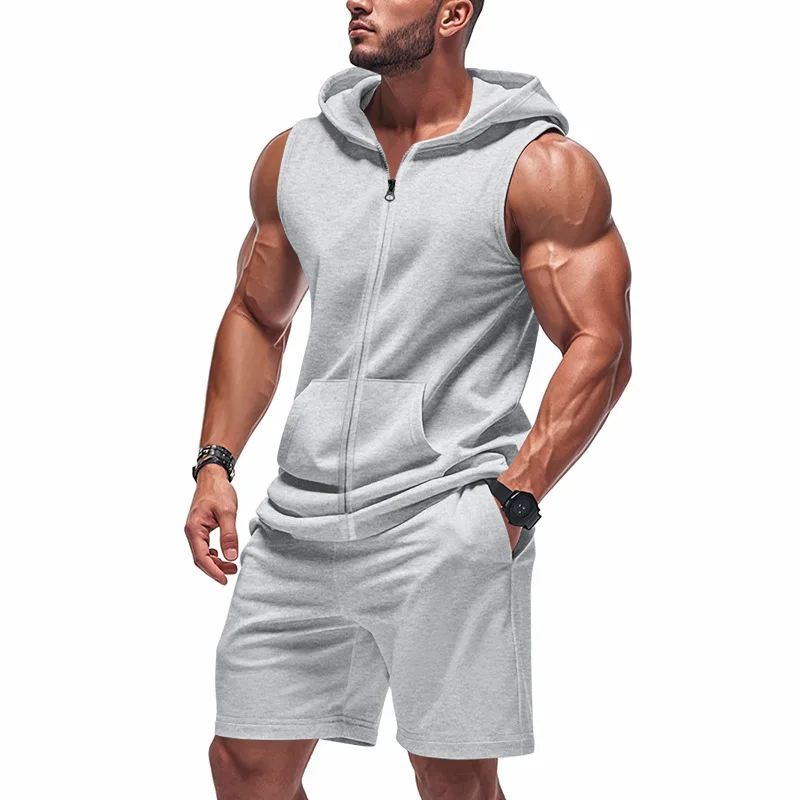 

Cross-border 2025 men's summer new suit men's fitness zipper loose casual hooded men's vest suit