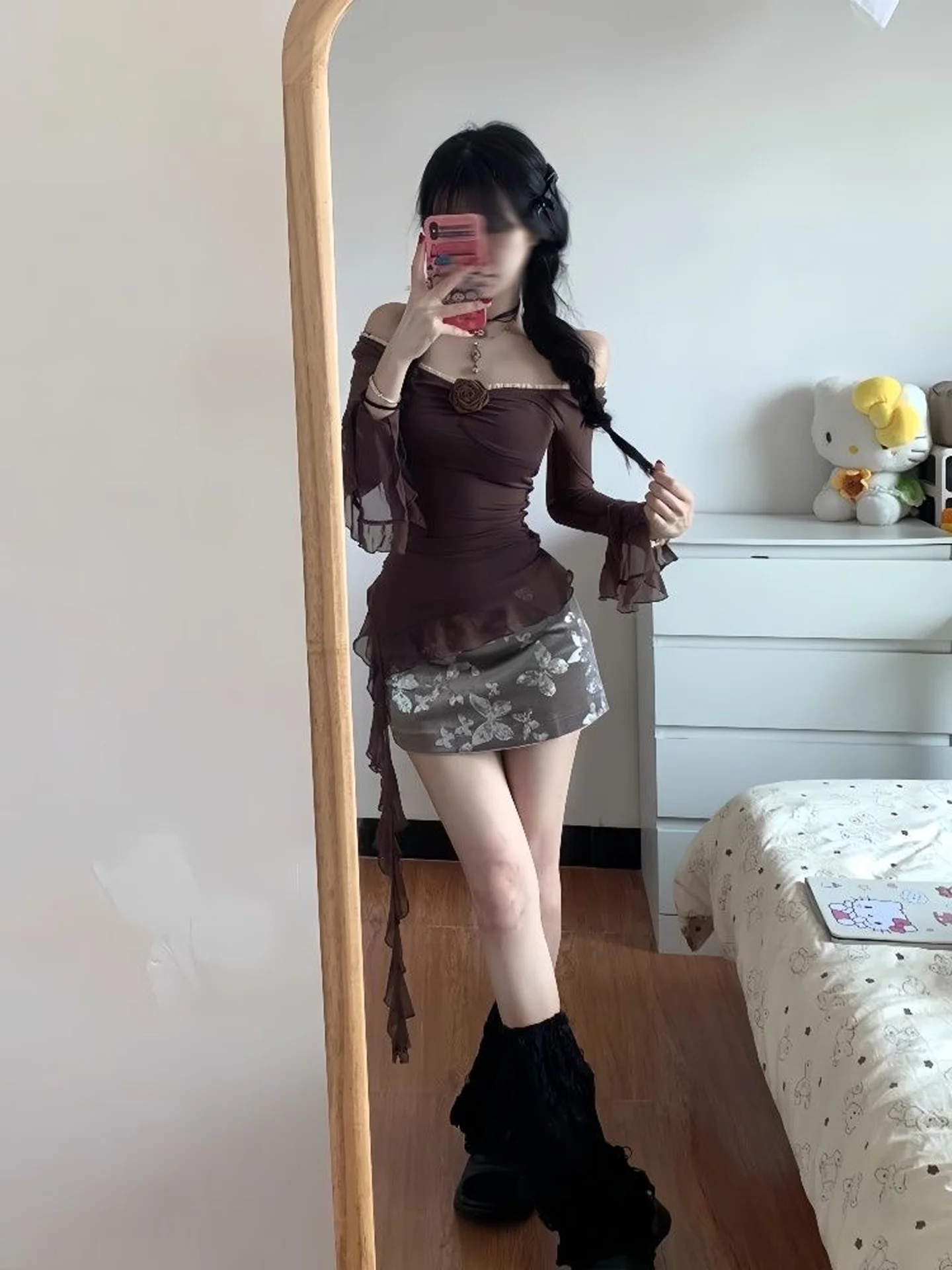 Retro American Style Women's Top Skirt Set with Sash Long Sleeve Short Waist Cinched Asymmetrical Design Autumn New Arrival
