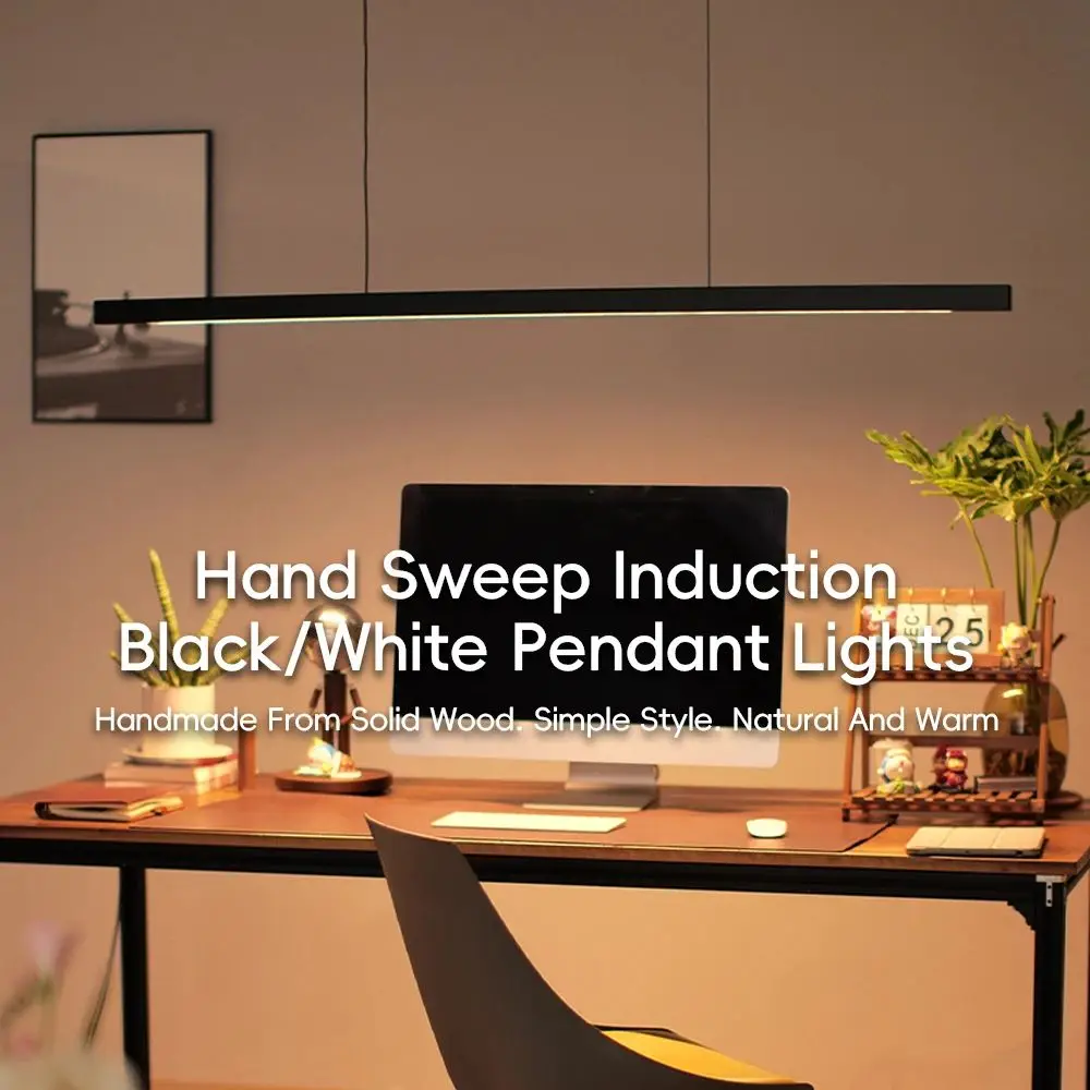 LED Hand Sweep Sensor Pendant Light Black/White Wood Hand Scan Hanging Lamps Pine Material