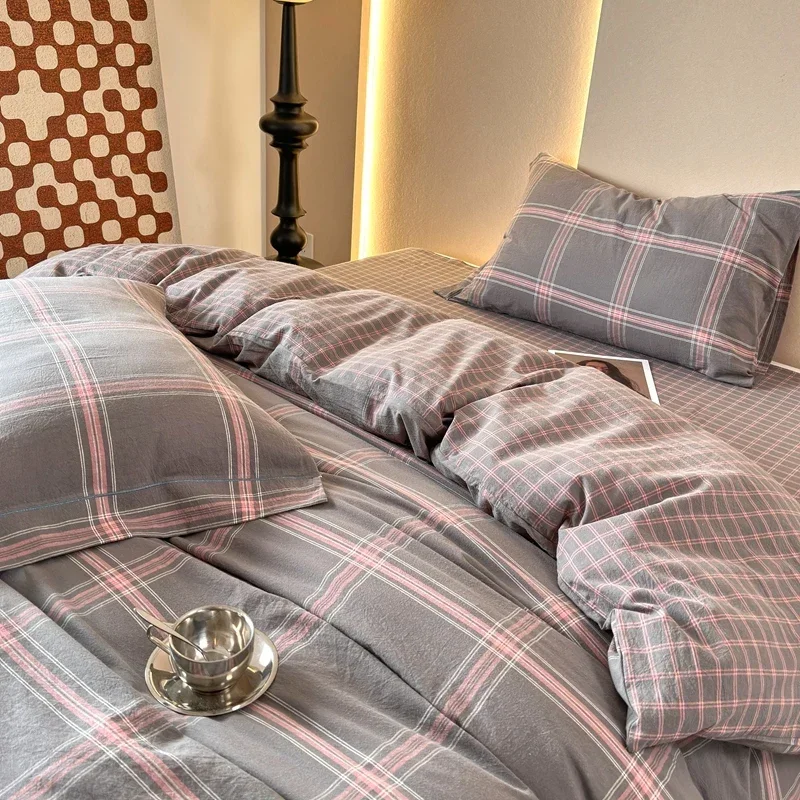 100% Cotton Grey Plaid Duvet Cover 3 Piece Set, Pink Striped Bedding with 2 Pillowcases, Hotel Luxury Reversible Comforter Cover