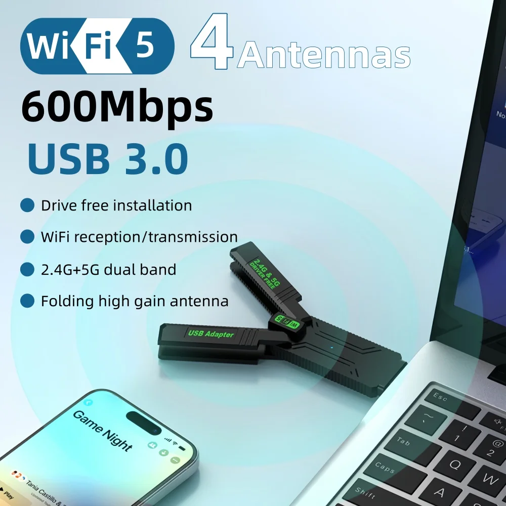 

600Mbps WiFi5 USB Adapter Wireless Network Card 2.4G and 5G 4 Antenna Folding USB 3.0 Non Drive Wireless Receiver for Win8/10/11