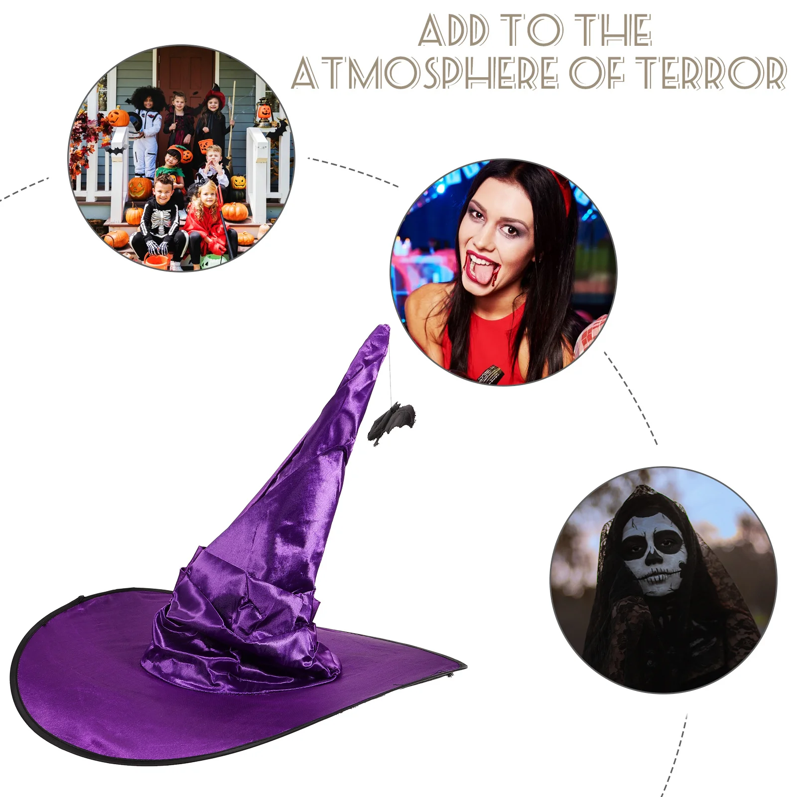 قبعة COLLBATH للهالوين الساحرة للنساء بحافة كبيرة وقلادة على شكل خفاش وإكسسوارات الحفلات التنكرية