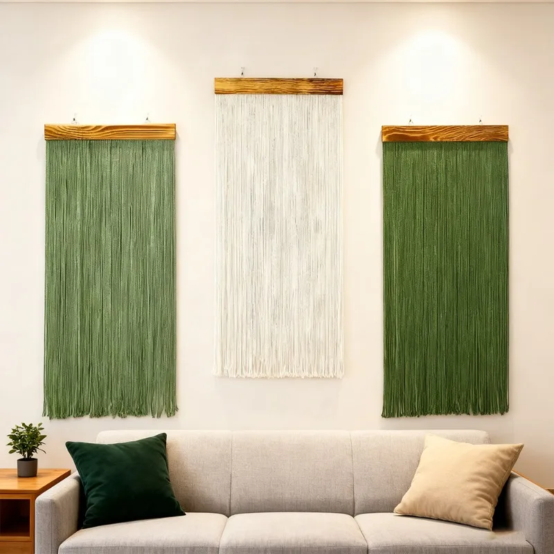 New Arrival Color Block Handwoven Macrame Wall Hanging Nordic Ins Cotton Tassel Tapestry Wooden Strip Wall Decor for Living Room