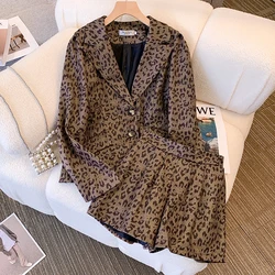 Large Size 5XL Leopard Print Woolen Suit Blazer Jackekt Coat Top And Short Pant Two Piece Sets For Women Elegant Office Ladies