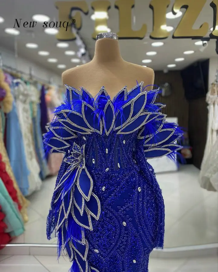 Customized Royal Blue Off the Shoulder Mermaid Evening Dresses Sparkle Leaf Designs Sexy Long Party Gowns with Deep Slit