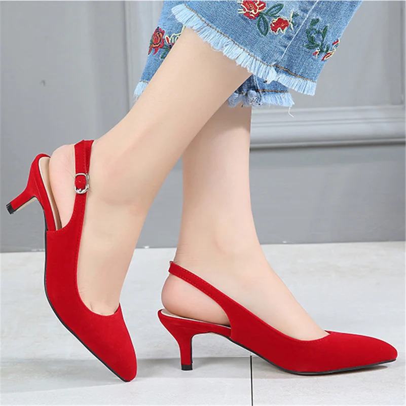 2023 Women 5cm High Heels Scarpin Low Heels Slingback Pumps Lady Pointed Toe Cute Kitten Heels Flock Plus Size Black Red Shoes