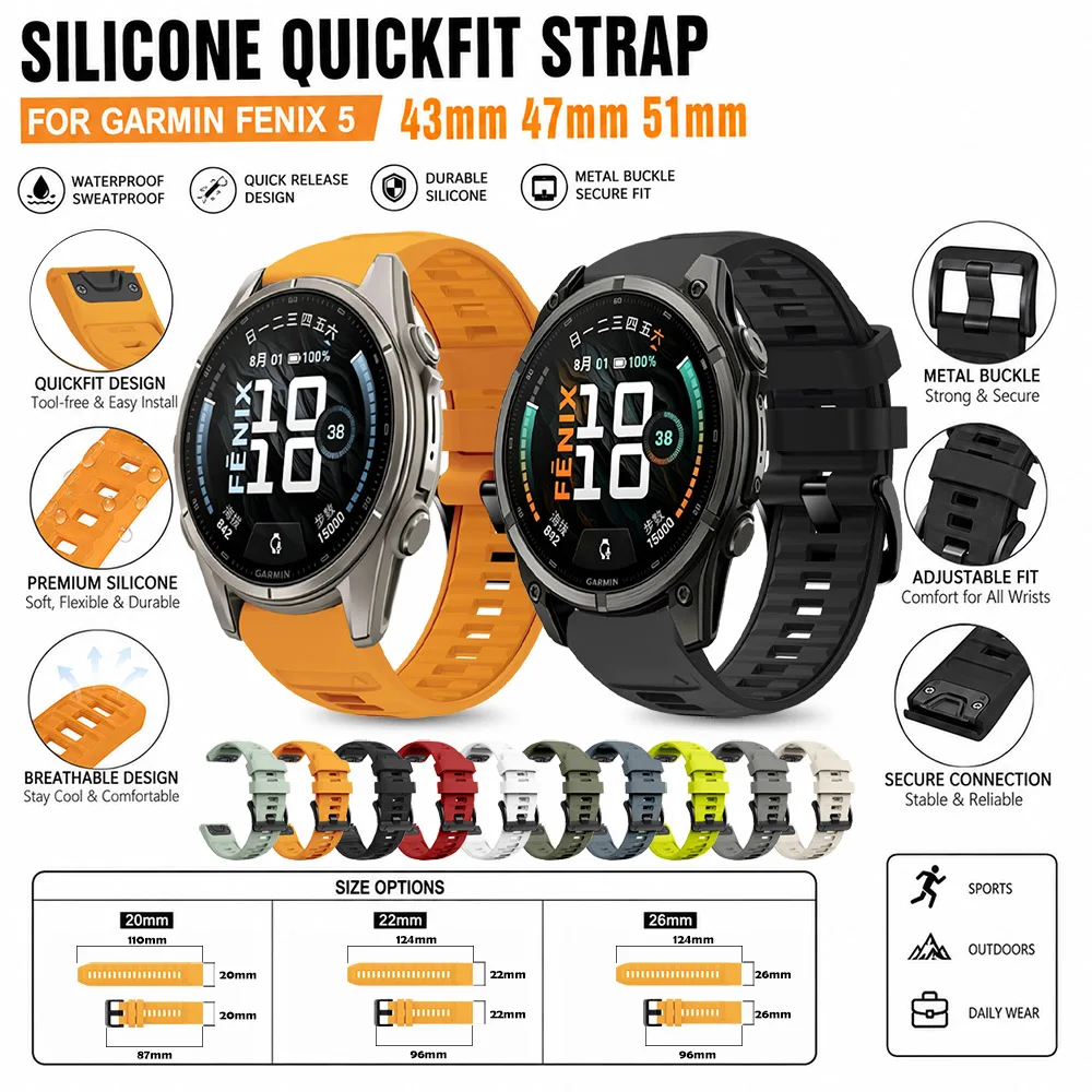 Silicone Strap for Garmin Fenix 9 43mm 47mm 51mm Quickfit Watch Band Soft Waterproof Sports Wristband for Fenix 8 Pro Epix Gen 2