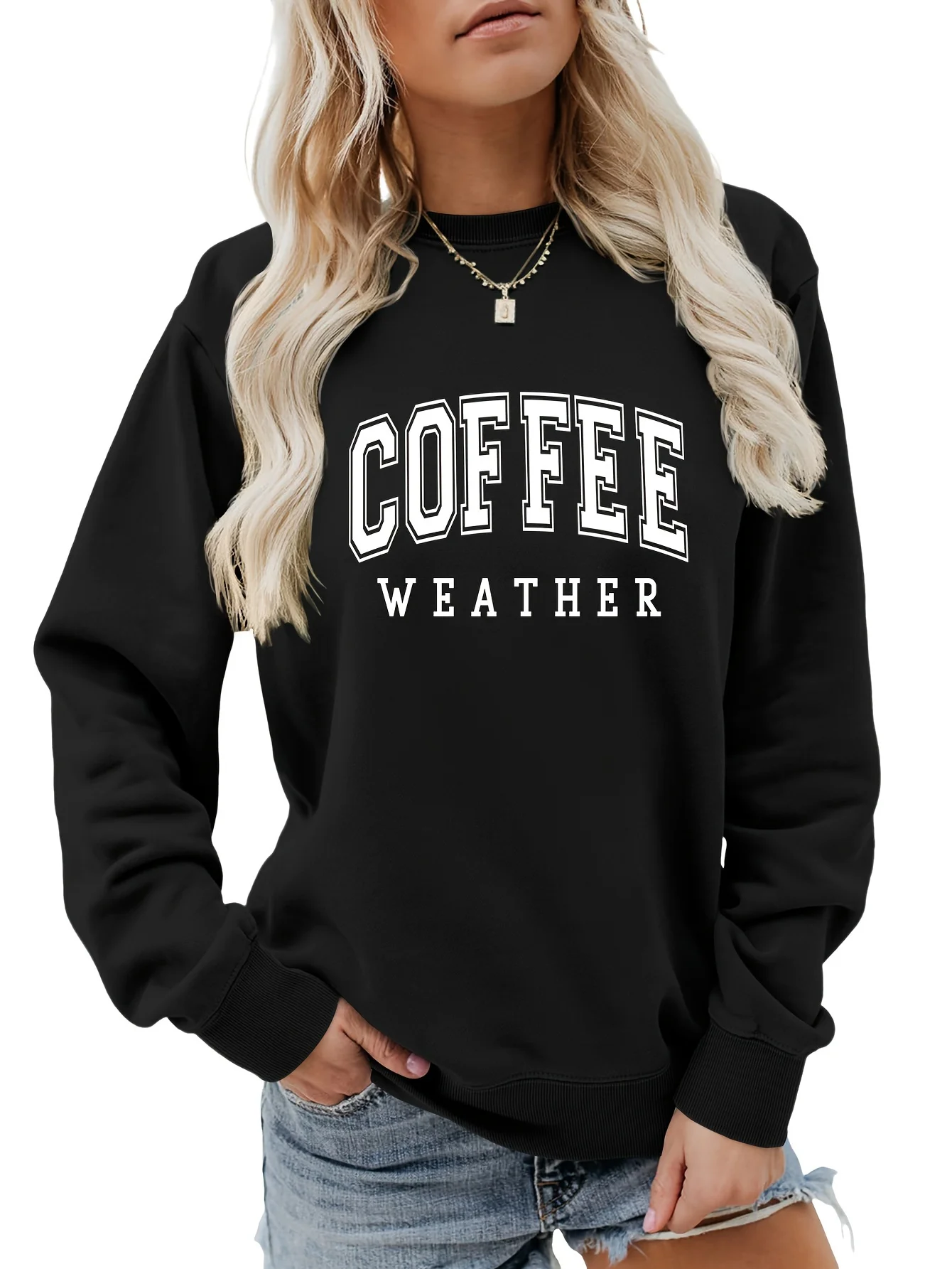 

Women's autumn and winter casual wide version loose COFFEE letter printed warm suede long sleeved round neck sweatshirt