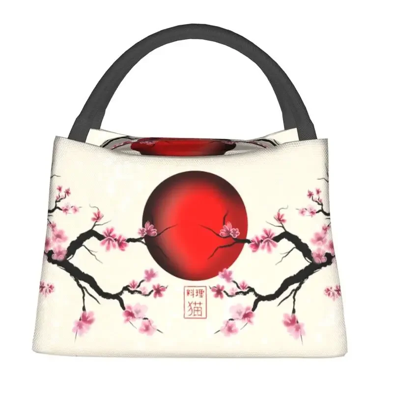 Japan Sakura Cherry Blossoms With A Red Rising Sun Insulated Lunch Bags Flower Cooler Thermal Lunch Box Beach Camping Travel