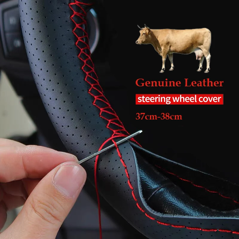 Car Steering Wheel Cover Non-Slip Soft Genuine Leather With Needles And Thread 38cm Braid On Steering-Wheel Car Accessories