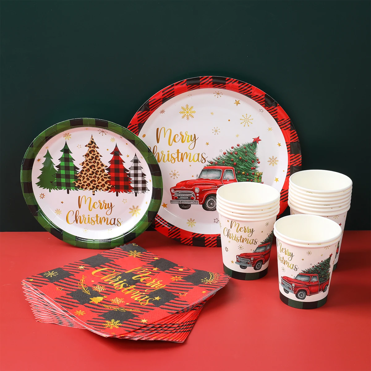 

Christmas Disposable Tableware Christmas Tree Pattern Paper Plates Cups Napkin Merry Christmas Supplies Christmas Decoration