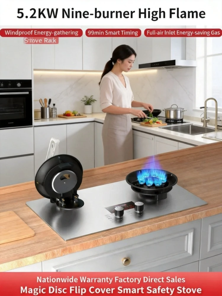 

Villa Kitchen Double Burner Gas Stove Flip Top Embedded Design Energy Saving Compatible With LPG And Natural Gas