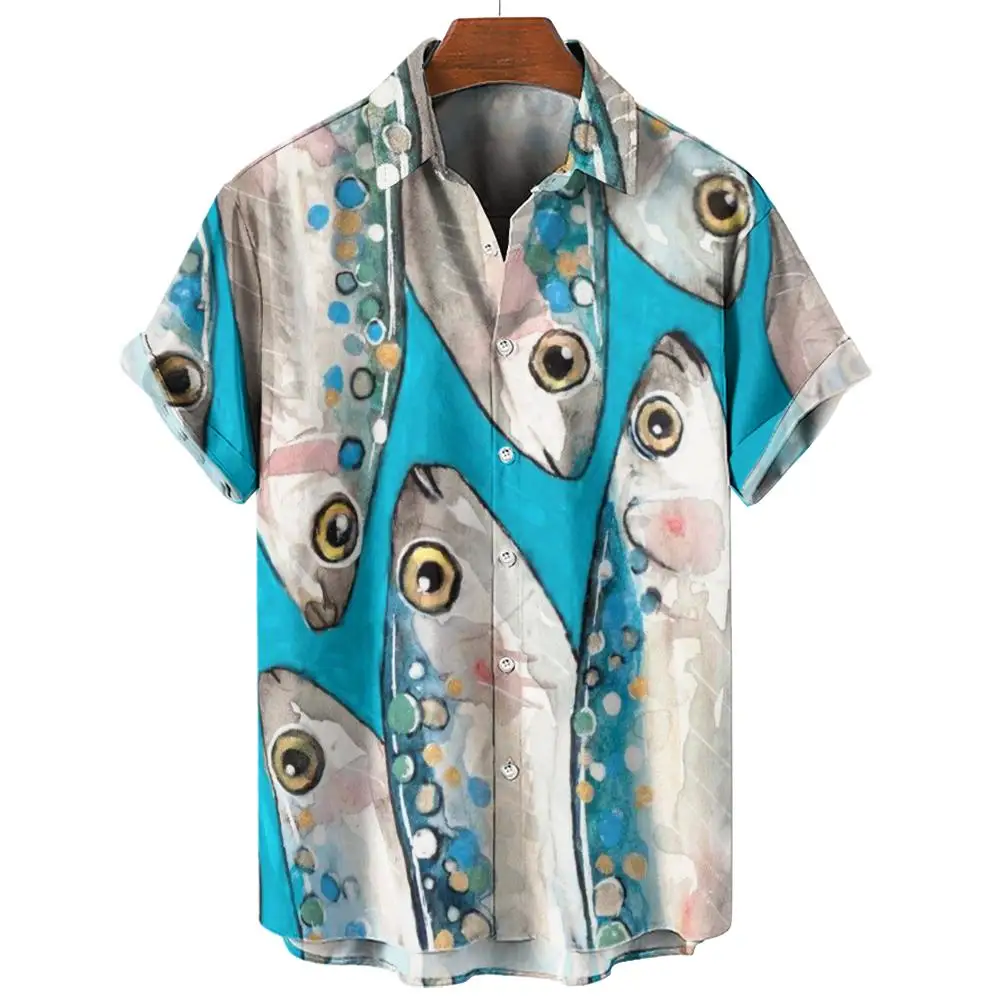 Men\'s Hawaiian Shirts 3D Print Fish Graphics Fashion Button Short Sleeve Lapel Streetwear Hawaiian Blouse shirts for men Summer