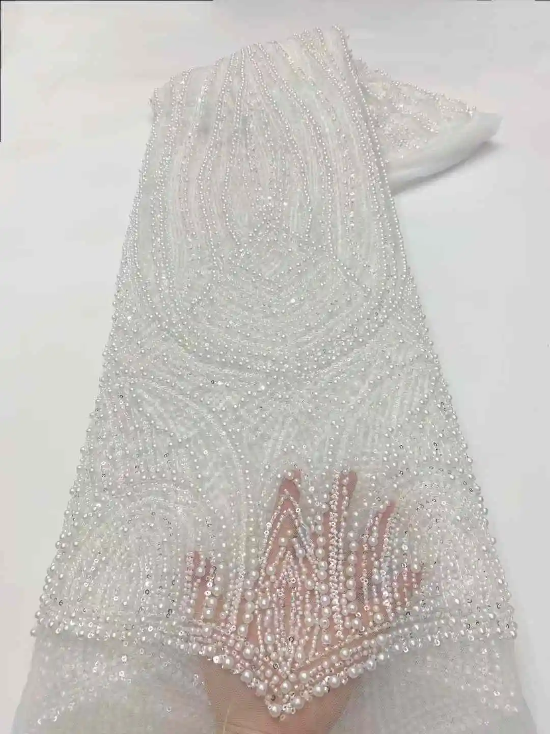 Luxurious African Groom Sequins Lace Fabric High Quality 2025 Heavy Beads Embroidery French Tulle Lace Nigerian Wedding Dress XC