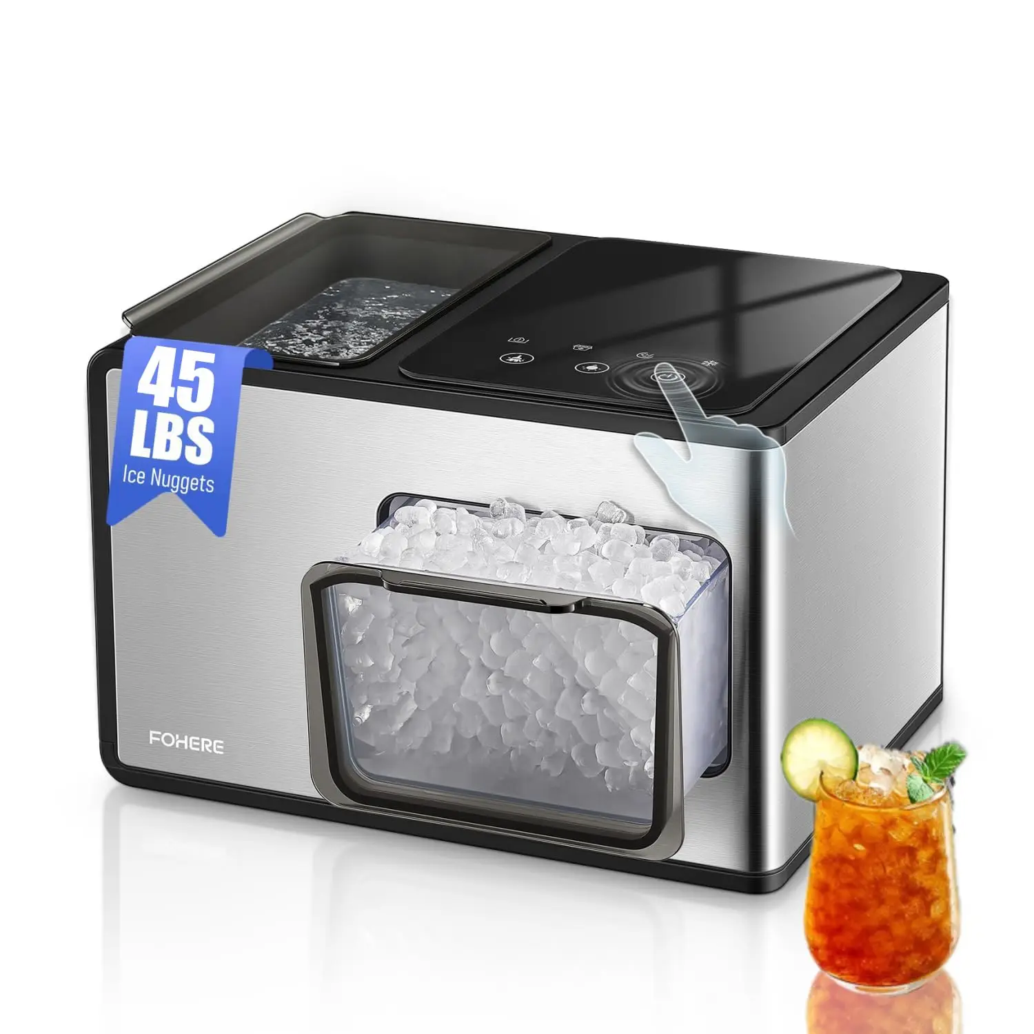 Ice Maker Countertop, 45lbs/24H, Pebble Ice Maker with Soft Chewable Ice, Self Cleaning Sonic Ice Machine, Stainless Steel