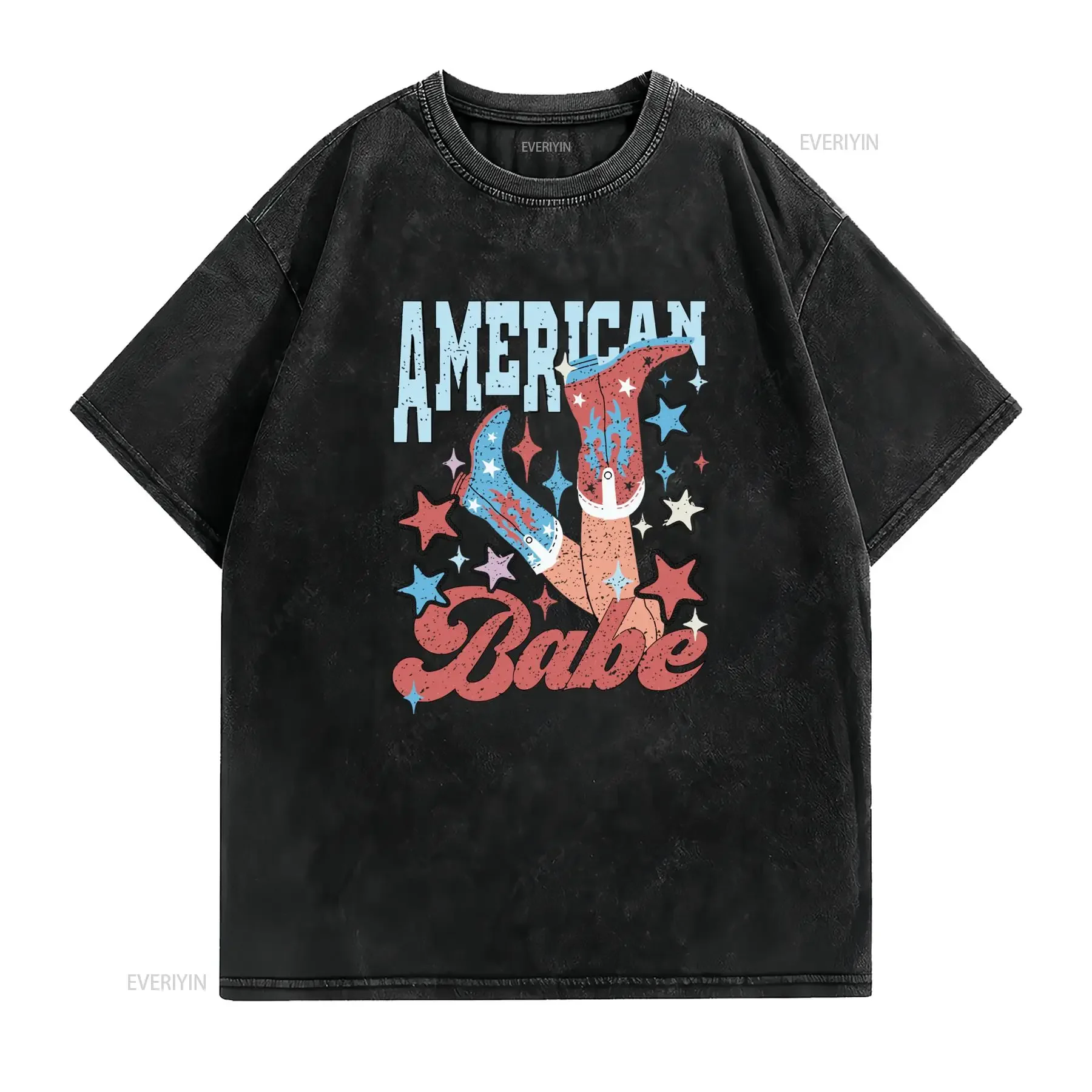 Vintage Western American Babe Cowboy Boots Stars Print Casual T Shirt vintage Washed graphic Top For Everyday Wear Stylish