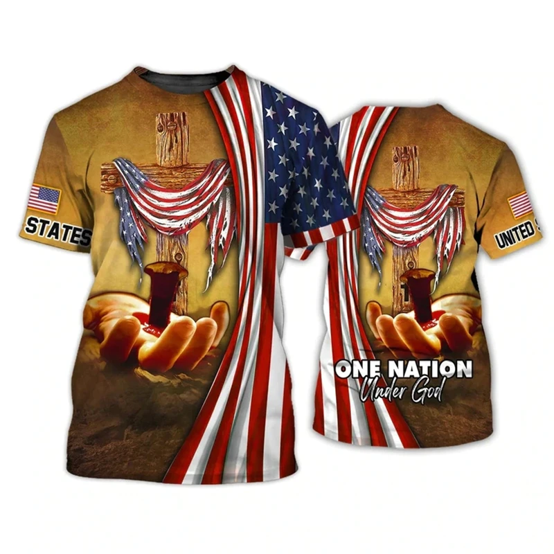 Men Tee Shirt Fashion T-shirt Summer Clothing Jesus Pattern USA Eagle Flag 3d Print Tops Casual Sportswear Oversized Tees Homme