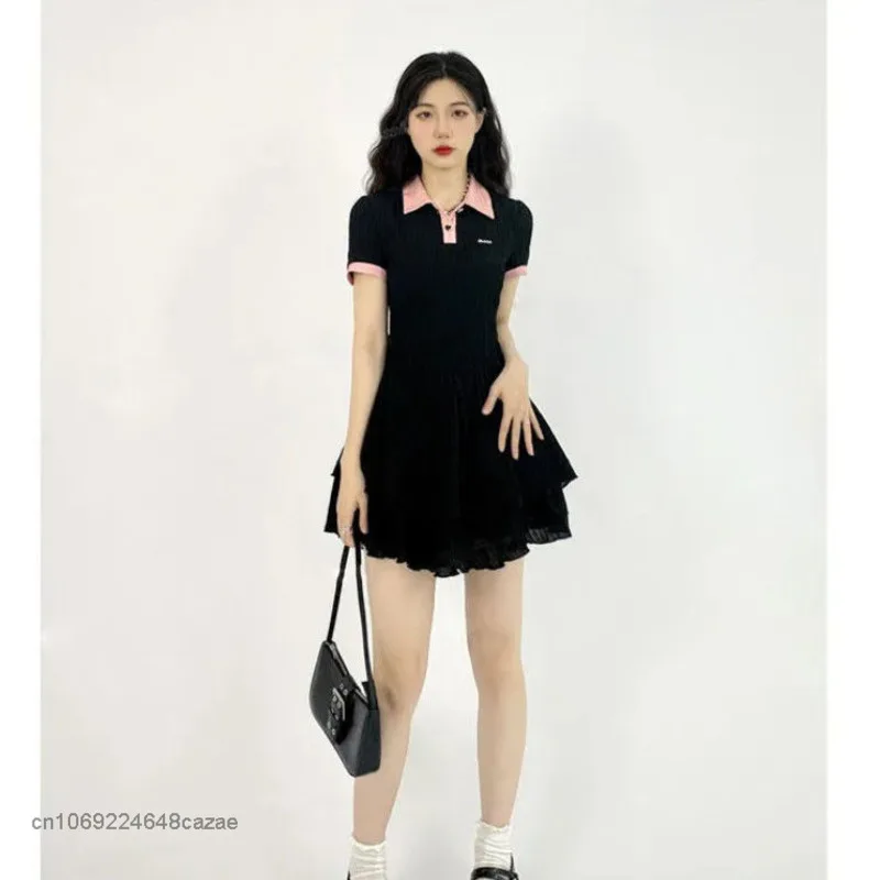 

2022 Summer New Strap Polo Neck Waist Dress Chic Girly Design Sense Student Black Skirt Sweet Spicy Cute Clothes For Women Y2K