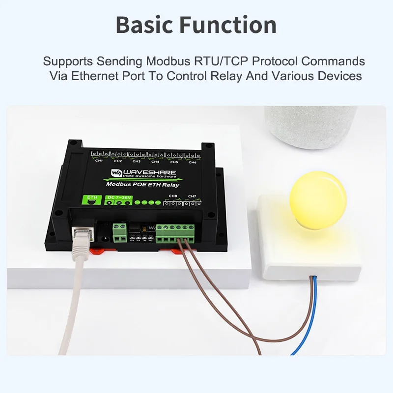 8-Ch Ethernet Relay Module Ethernet Port Communication Modbus Protocol PoE Power Supply ABS Rail-Mount Case Isolation Circuits