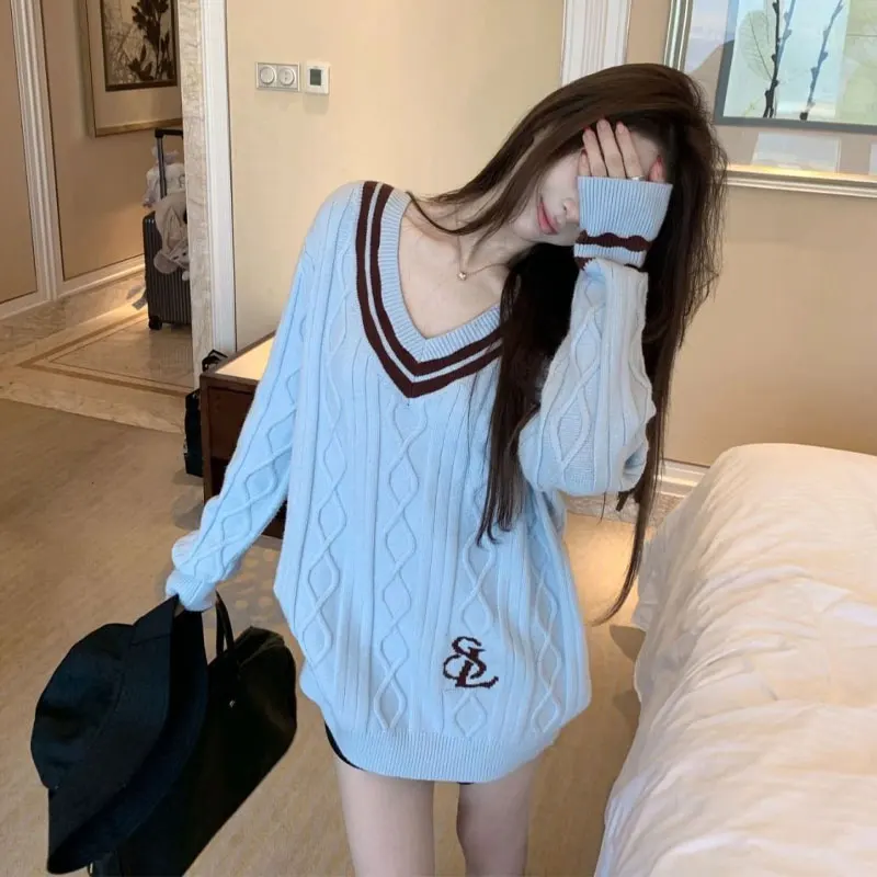 

Casual V-Neck Knitted Jumpers Autumn Winter Contrasting Colors Women's Clothing Loose Fashion Letter Basic Long Sleeve Sweaters