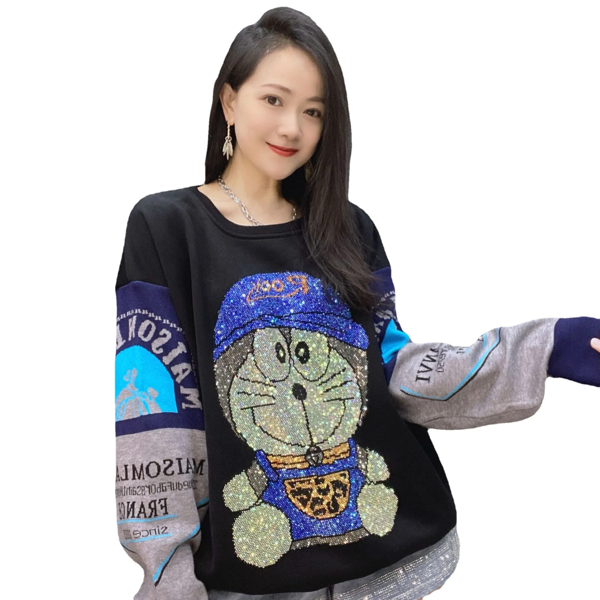 Winter Clothes Women Anime Hoodie with Diamonds Casual O Neck Full Pullover Sweater Loose Knitted Female Hoodies Jersey Diamante