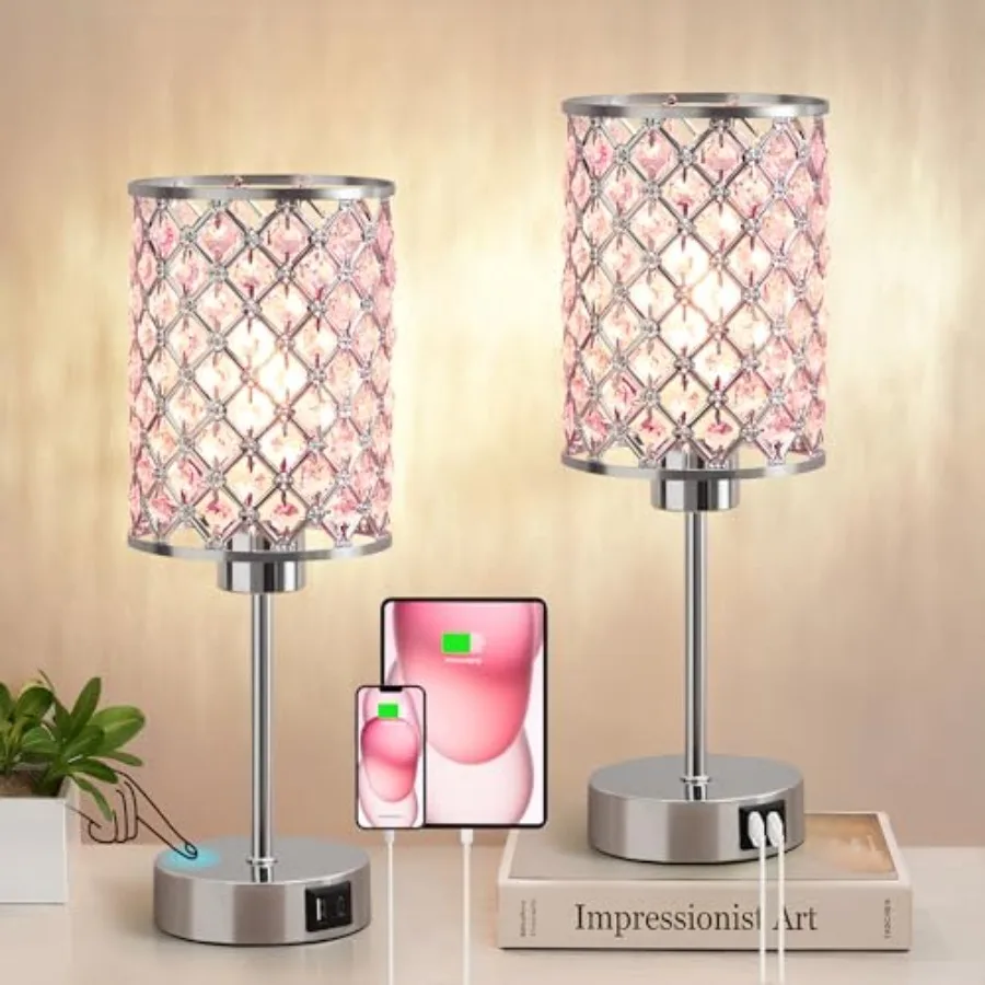 

Crystal Table Lamp Touch Control Bedside Lamps with USB-C+A Charging Ports Dimmable Nightstand Small Desk Lamp Set of 2 for Gir