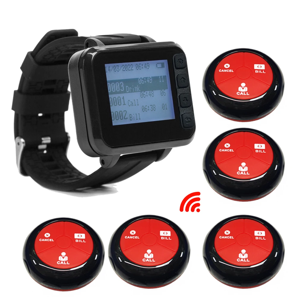 

Restaurant Pager Wireless Waiter Calling System Watch Receiver + 5pc Call Button For Bar Cafe Clinic Dentist Food Court