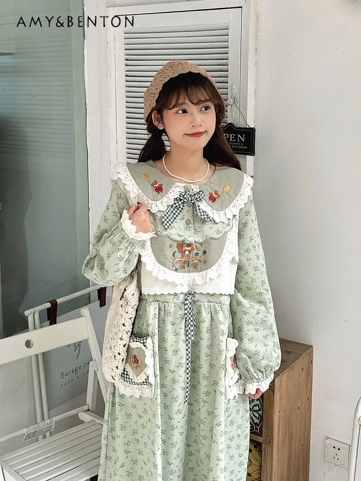 

Spring Autumn Forest Style Sweet Gentle Girl's Green Floral Lace Cartoon Embroidery Doll Collar Waist-Cinching Long Dress