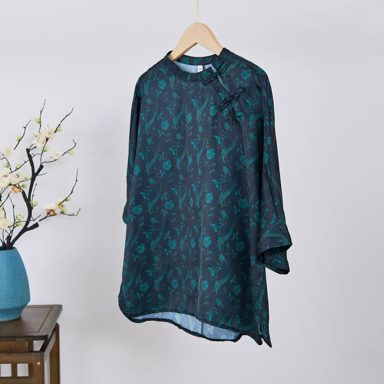 Chinese Style Imitation Silk Shirt Top Printing Bat Sleeve Shirts Loose Dark Green Buckle Short Sleeves Summer Women's Clothing