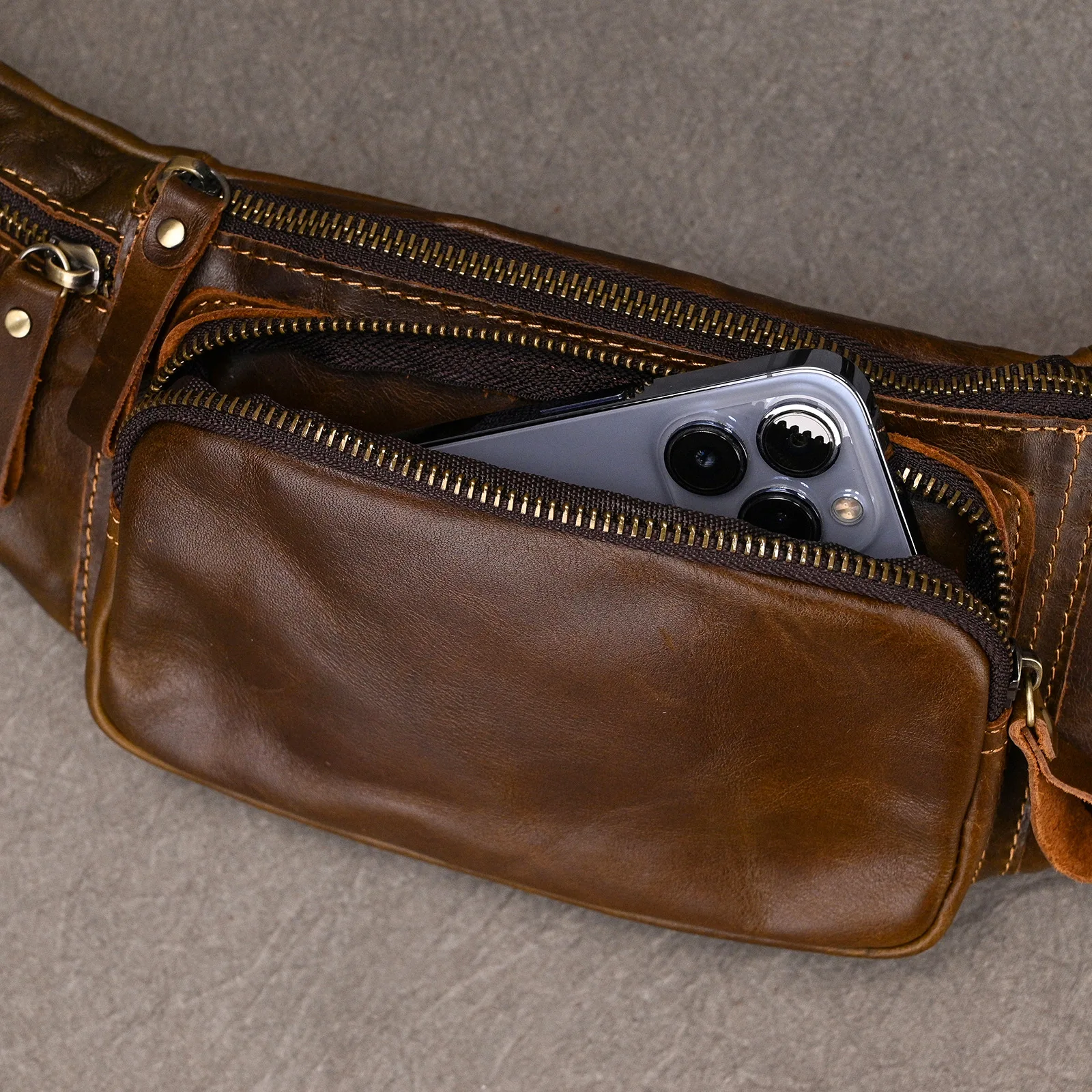 Multifunctional Genuine Leather Waist Bag Vintage Cow Leather Chest Packs Men Small Boys Single Shoulder Bag - Image 4