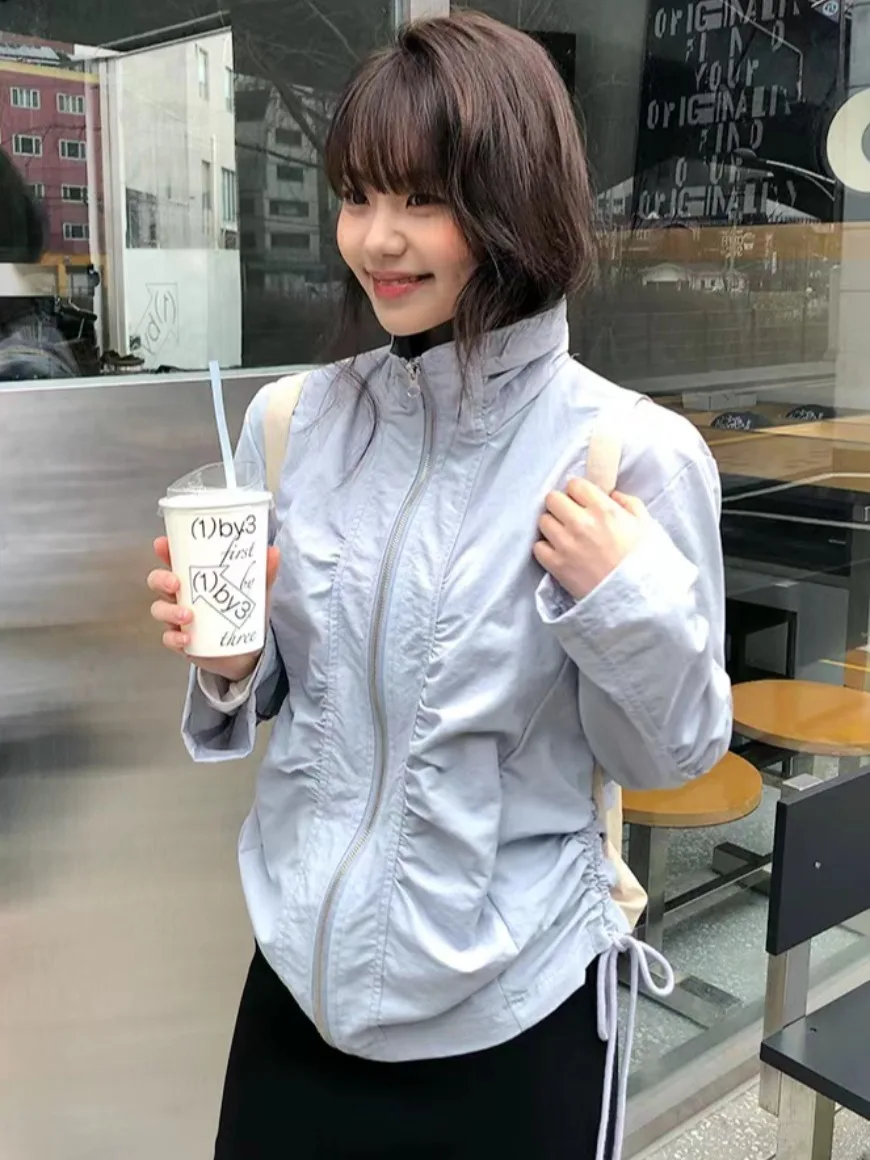 

Chic Spring Summer Loose Thin Long Sve Women's Outerwear Sun Protection Side Dstring Pleated Zipper Casual Coat