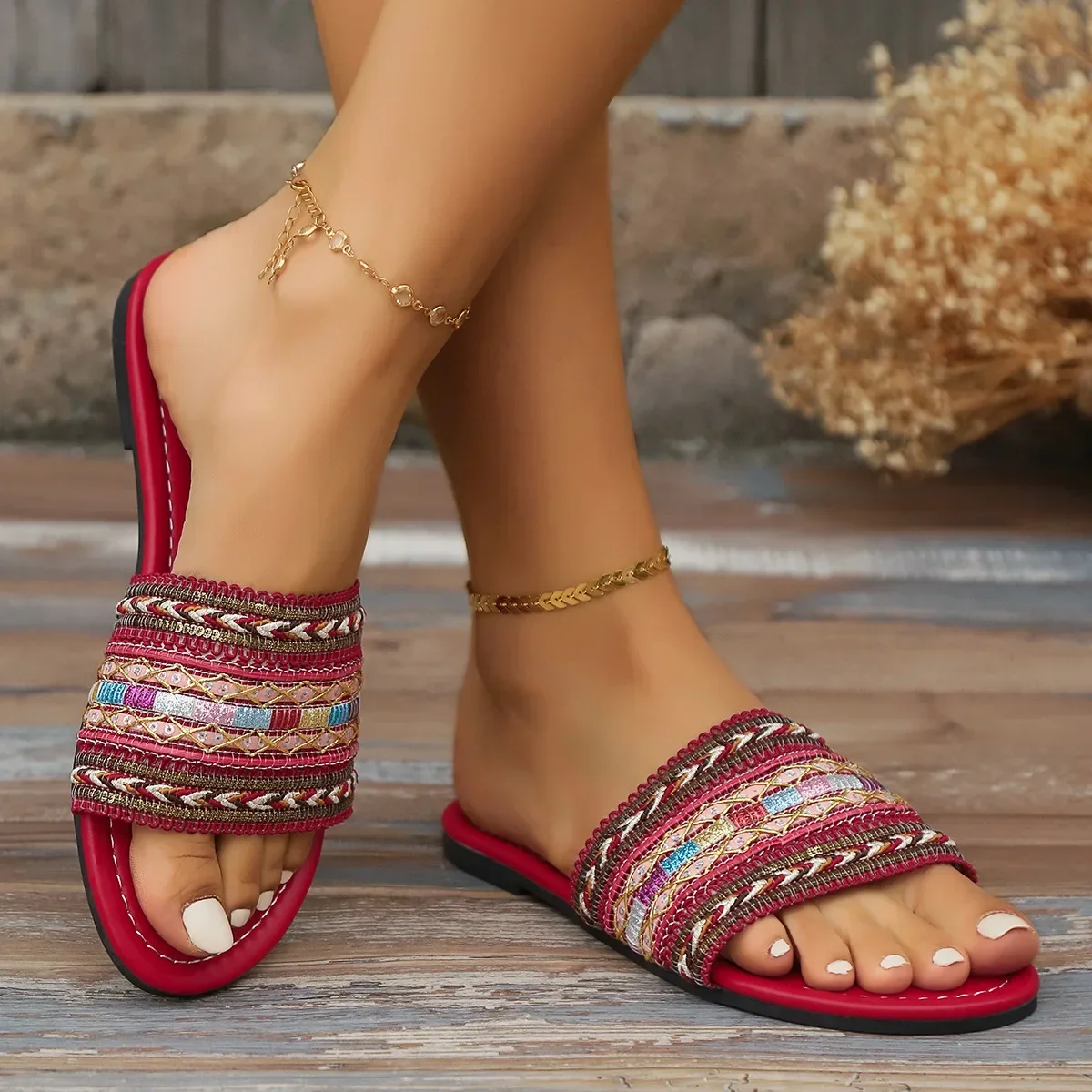 

Bohemian Style Woven Slippers Women New Fashion Flat Sandals Europe America Outdoor Vacation Beach Casual Shoes Lightweight