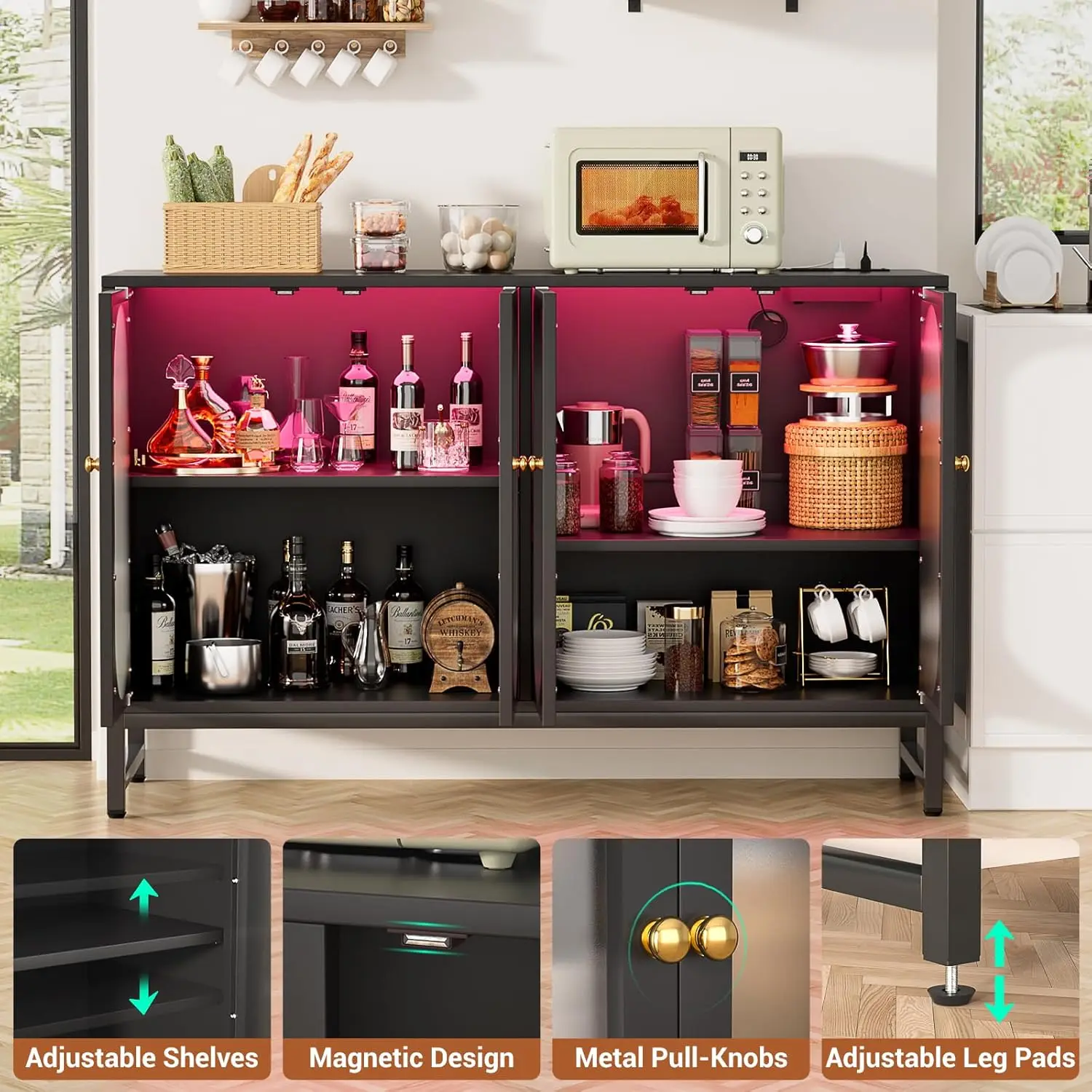 Armoire de Rangement avec Prise de Courant, Buffet avec Lumière LED, 4 Portes, Accessoire Moderne pour Cuisine